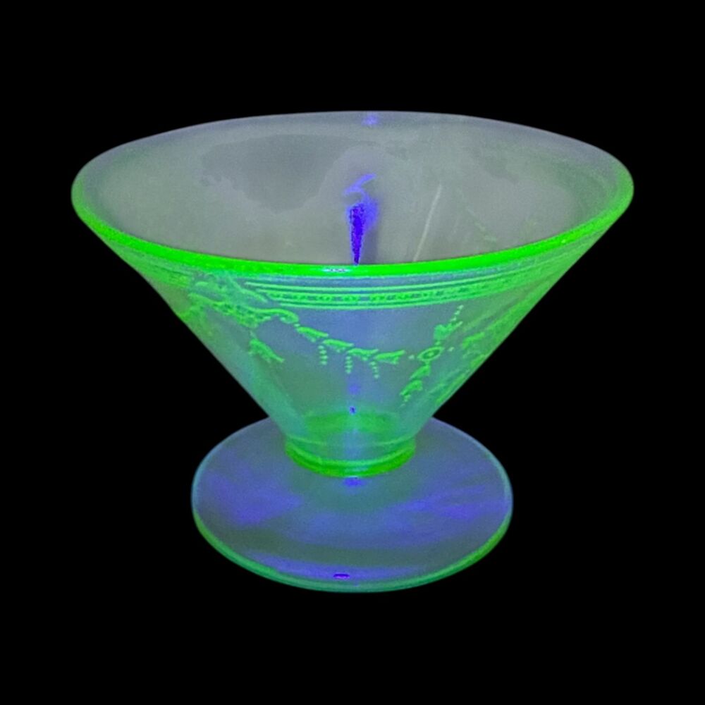 Green Uranium Depression Glass Sherbet Dish Etched Pattern Glow VTG 1930s